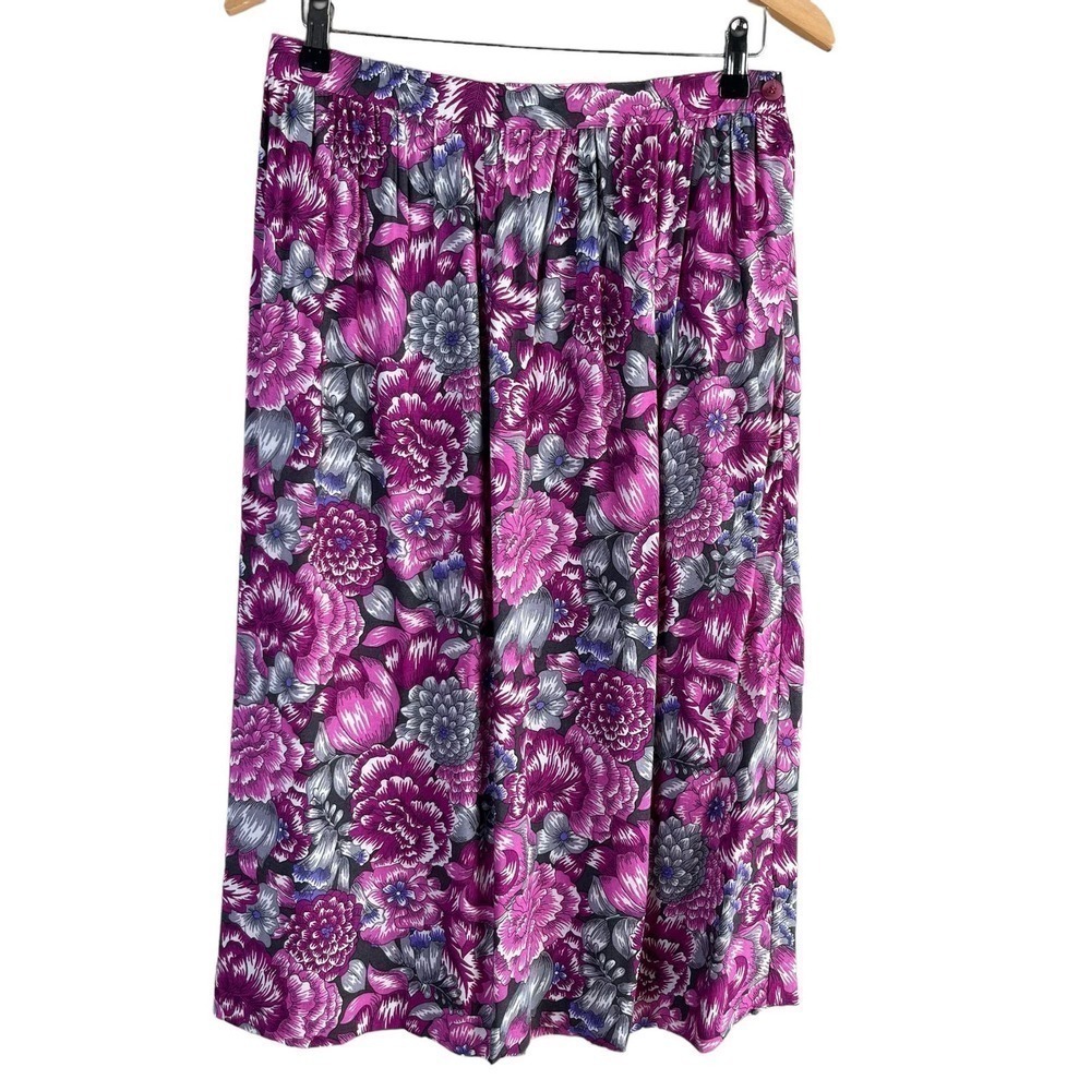 Vintage 80s Pink Floral Print A-Line Midi Skirt Folio Fire Islander, Size Medium